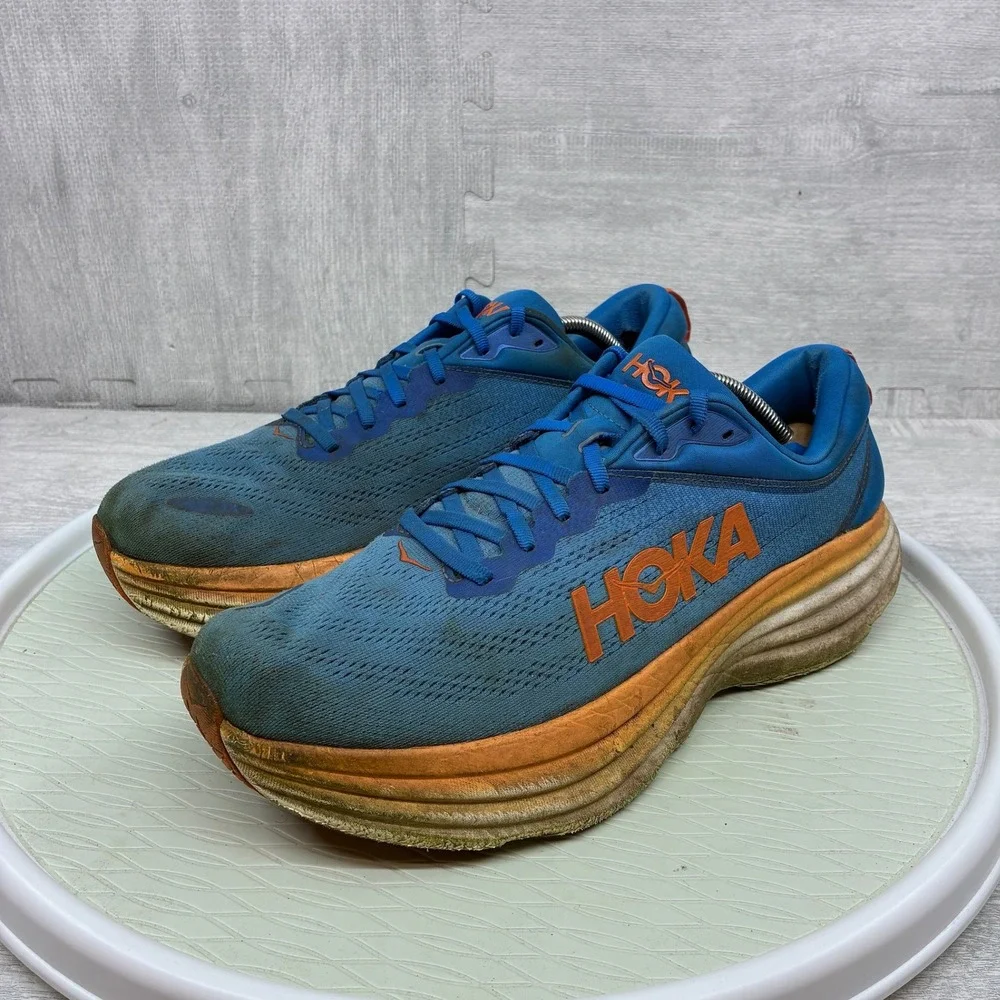 Hoka Bondi 8 Running Shoes Mens 12.5 Blue Orange Mesh Athletic 1123202 CSVO